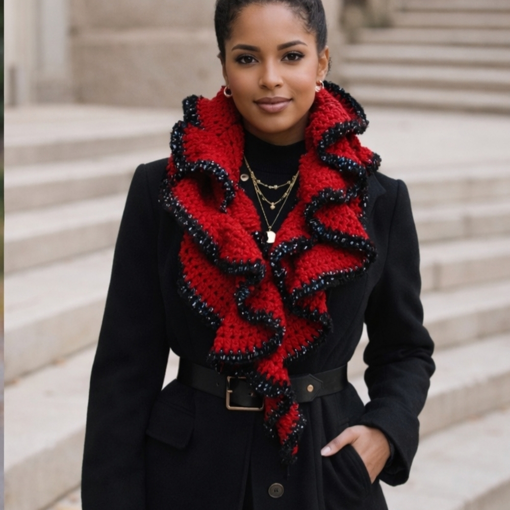 Handmade Red & Black Ruffle Scarf Statement Winter Accessory